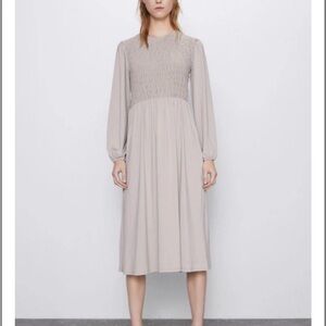 Zara Smocked Bodice Long Sleeve Midi Dress in Light Taupe